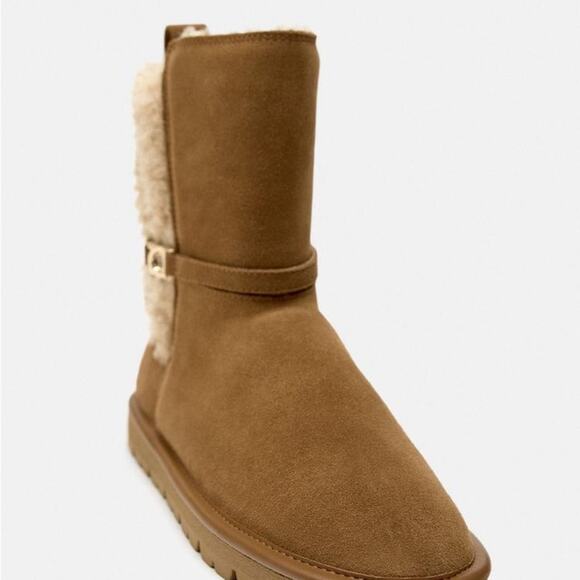 ZARA FAUX SHEARLING FLAT LEATHER ANKLE BOOTS - Picture 4 of 7